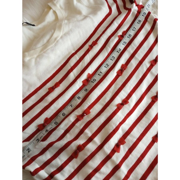 TALBOTS Red Ivory Bows w/jewels Striped Sweater Size Large cotton round neck - Picture 8 of 10